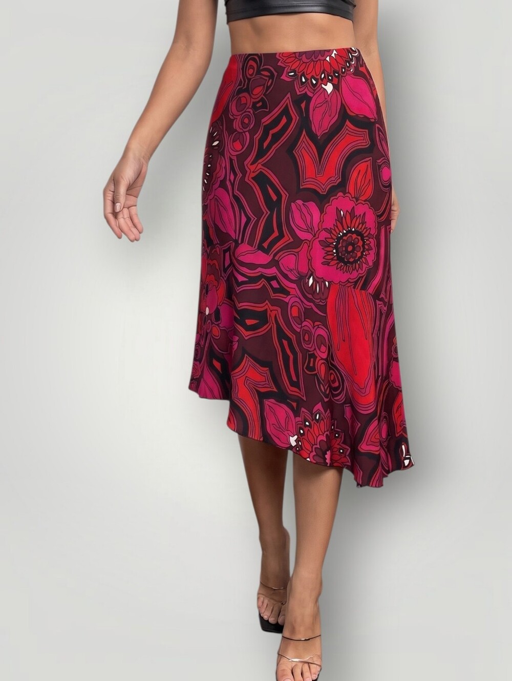 Trina Turk Skirt 4 Pink Red Psychedelic Floral Asymmetric Hem Boho Chic Vintage